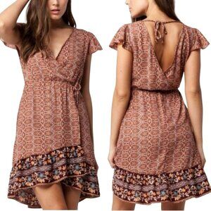 Y2K Boho Flutter Sleeve Faux‎ Wrap Baby Doll Mini Dress Sz M Ruffle Hem Brown